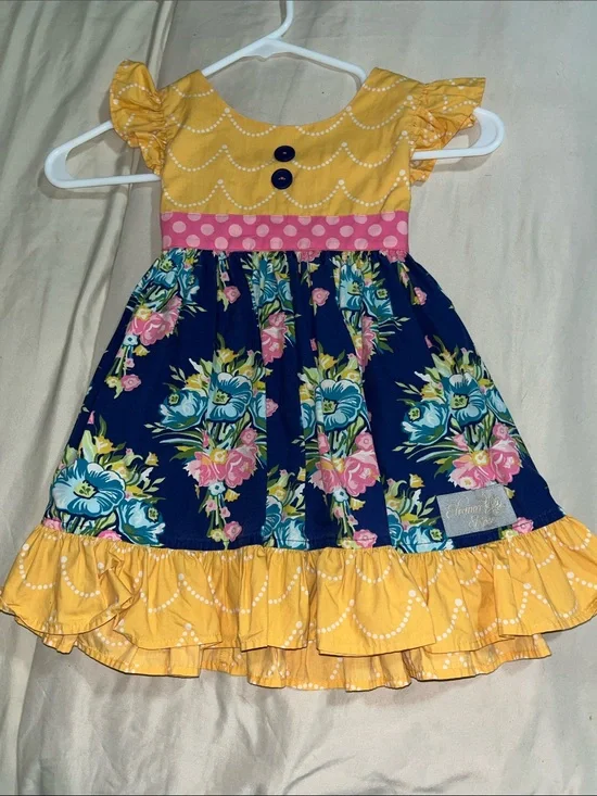 ELEANOR ROSE Floral Navy and Yellow Ruffle Dress SZ 2