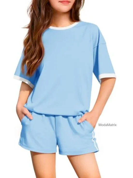 Girls Summer 2-Piece Outfit T-Shirt & Elastic Waist Shorts Set