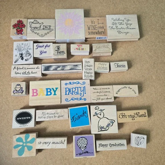Lot of 30 Wood Mounted Rubber Stamps Stampin Up Holiday Baby Graduation Mixed