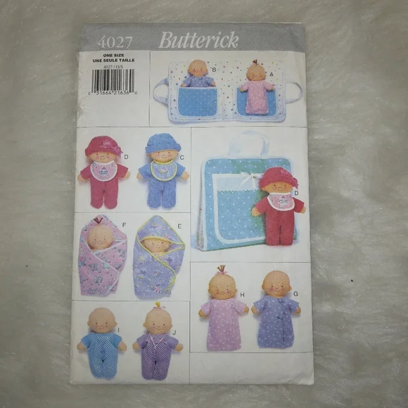 BUTTERICK 4027 Twin Cloth Dolls With Clothing, Bunting, And Carrier