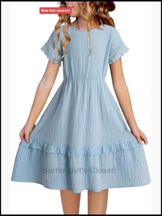 Girls Cotton Short Sleeve Lace Ruffle A-Line Dress Casual Formal Party