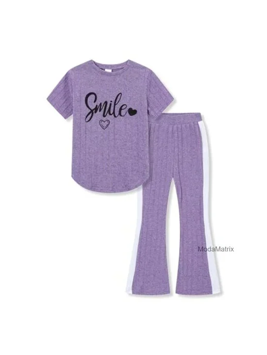 Girls 2-Piece Outfit Smile Graphic Short Sleeve Top & Flared Pants Set 8-13Y