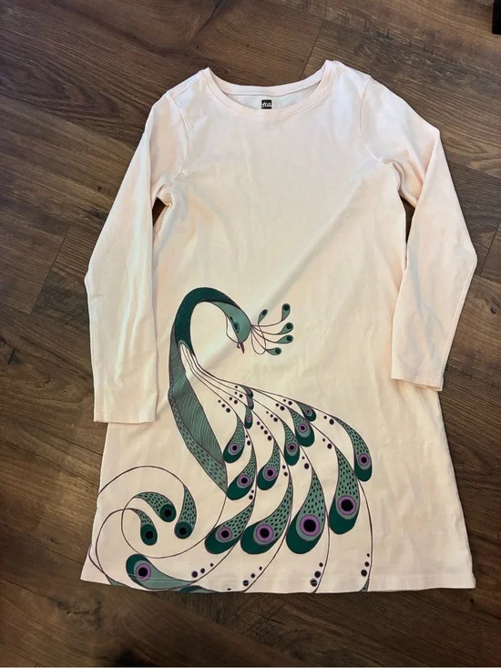 Tea Peacock Graphic Long Sleeve Dress - Light Pink 100% Cotton
