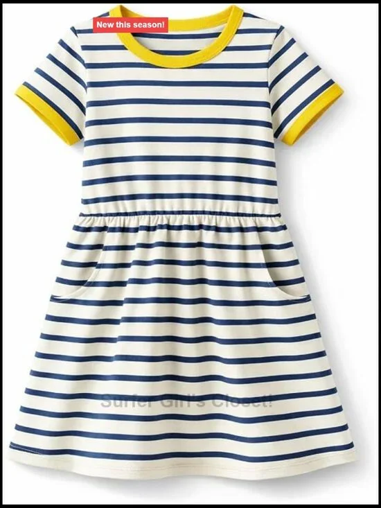 Girls Striped Short Sleeve Cotton Blend Casual Dress with Pockets