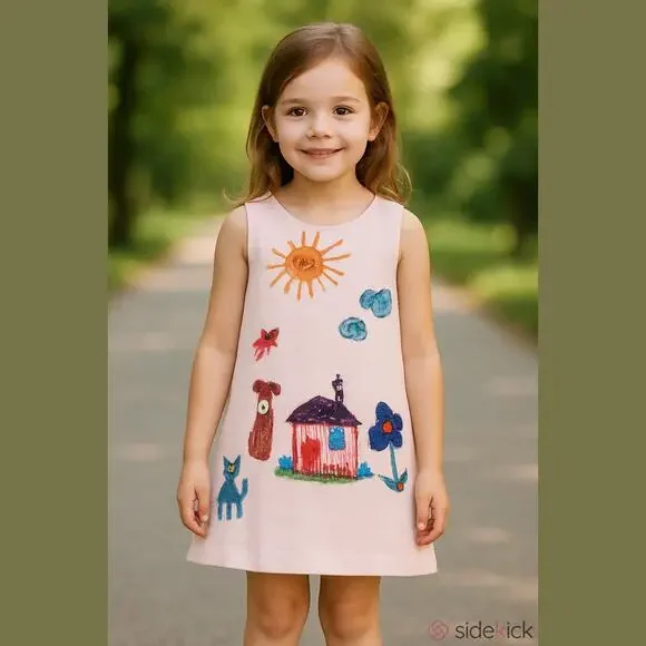 Binx Kids Girls Dress 4 Pink‎ Drawing Dog Cat Flower House Sun Clouds NEW Shift