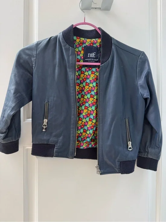 m&f Kids Navy Leather Bomber Jacket with Colorful Lining