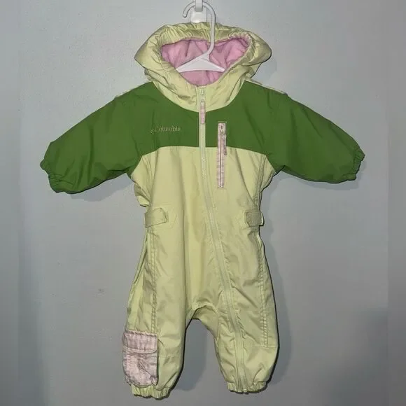 Columbia Green and Pink Snowsuit with Fleece Mittens 6 months