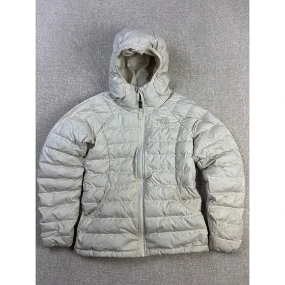 The North Face Girls Puffer Jacket Cream Hooded Quilted Coat Size M 10/12