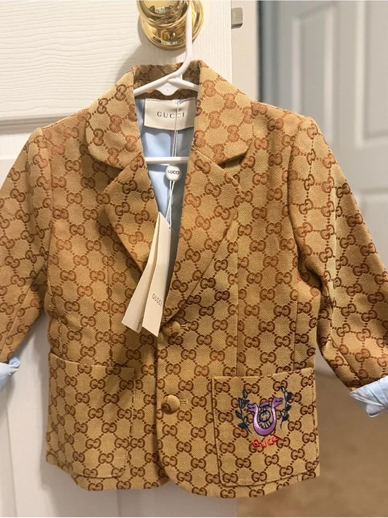 Gucci Kids Beige GG Monogram Blazer with Embroidered Pocket