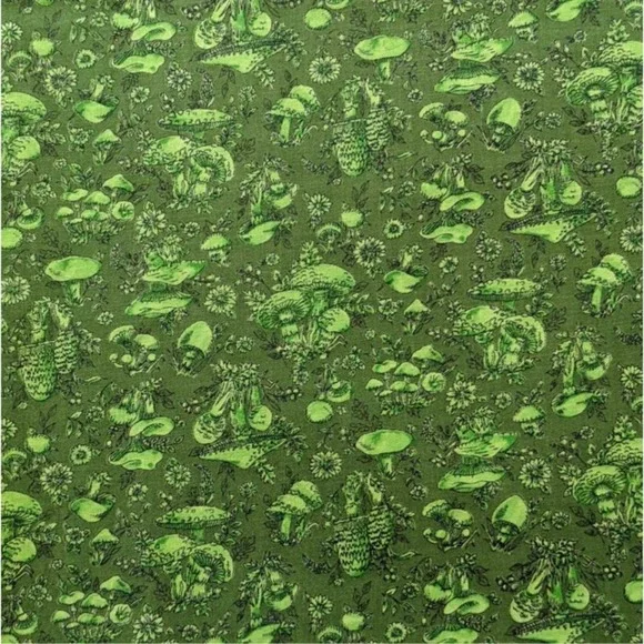 Vintage 1970's Mushroom Fabric Avocado Green Cottagecore Funky Calico Print‎ 3yd
