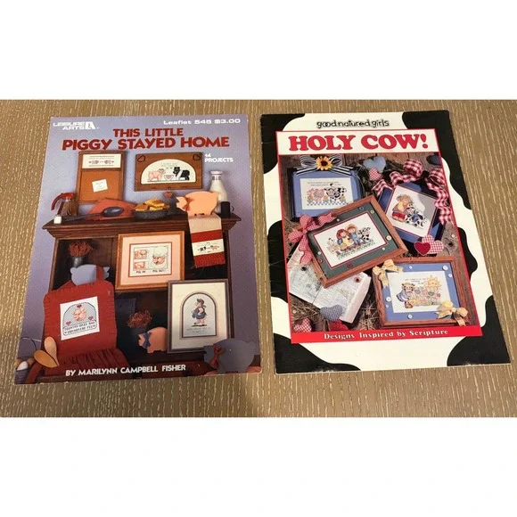 Vintage Cross Stitch Pattern Book Lot Farmhouse Pigs Cows Country Kitchen Decor