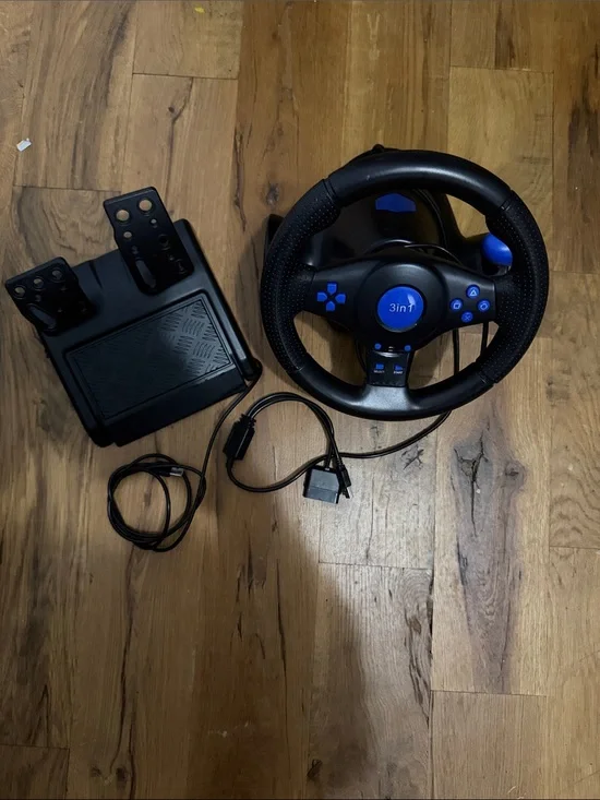 3-in-1 Racing Wheel and Pedal Set - Black with Blue Accents