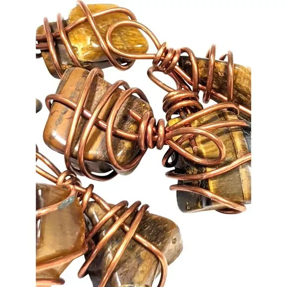 25 Copper Wire Wrapped Tiger Eye Nugget Chips Vintage West Germany 1950s