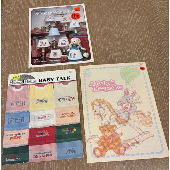 Vintage Baby Cross Stitch Pattern Book Lot Talk Keepsake Nursery Night Lights