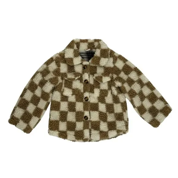 Sherpa Shearling Flannel Baby Girl Boy Jacket Plaid Check Tan 90 US 2T