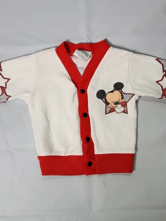 VTG Mickey Mouse baby cardigan fleCream & Red Kids Button-Front Cartoon Cardigan
