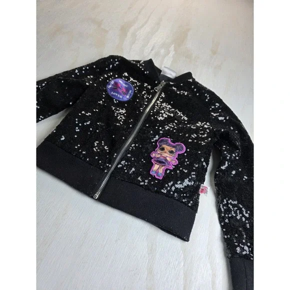 LOL Surprise Remix Black Sequin Bomber Jacket Kids XS 4/5 Y2K Festival Sparkle