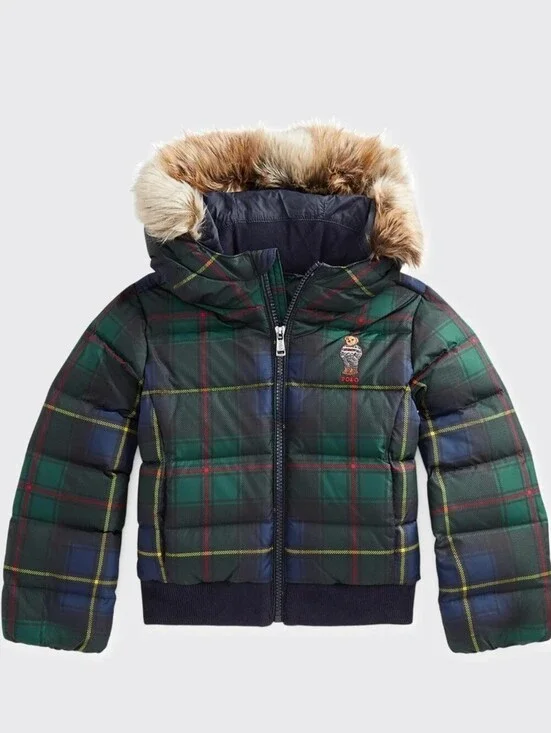 Polo Ralph Lauren Polo Bear Down Bomber Jacket Tartan Plaid Kids Size 5.