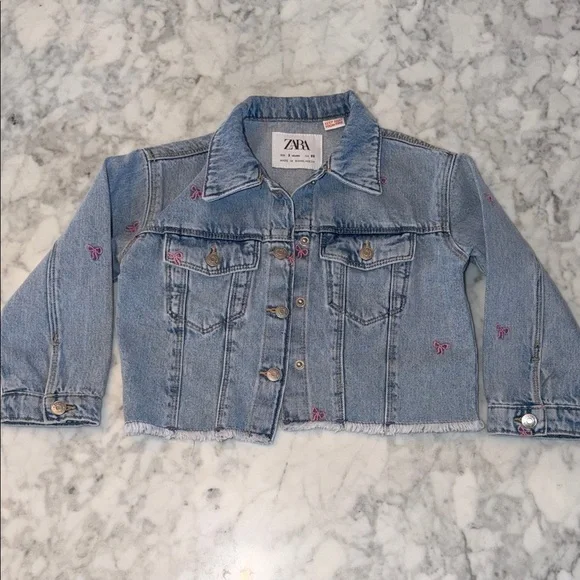 Zara Kids Light Blue Denim Jacket with Pink Bow Accents 3Y