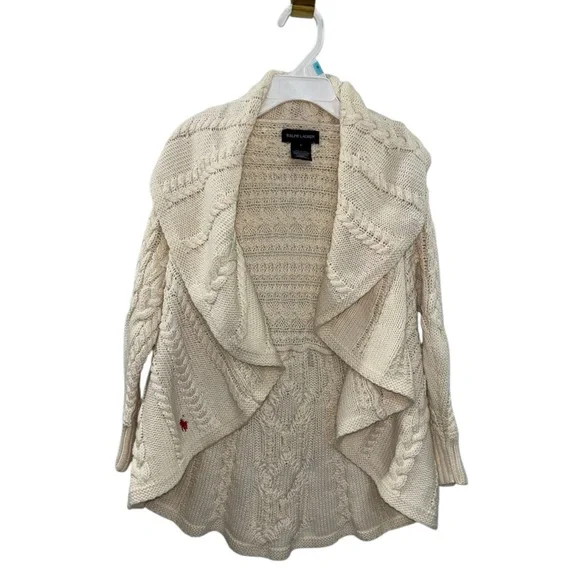 Ralph Lauren Girls Yth S 7/8 Cable Knit‎ Cardigan Cream Ivory Open Front Sweater