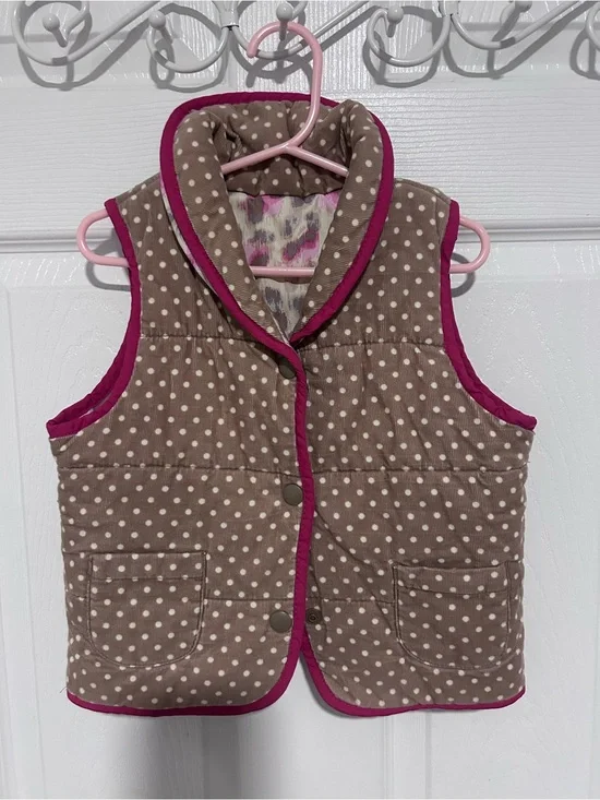 Girls Tan Polka Dot Corduroy Quilted Vest with Pink Trim. Size 4/5T