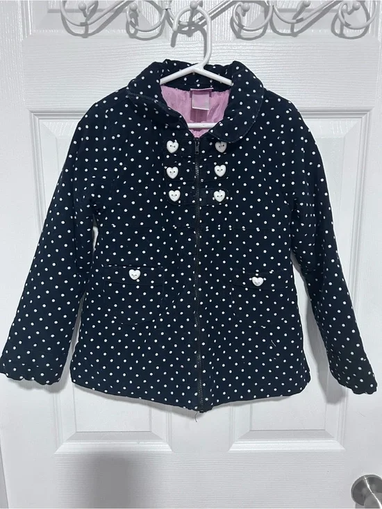 Nannette Girls Navy Polka Dot Corduroy Coat Heart Buttons. 100% Cotton Size 6X
