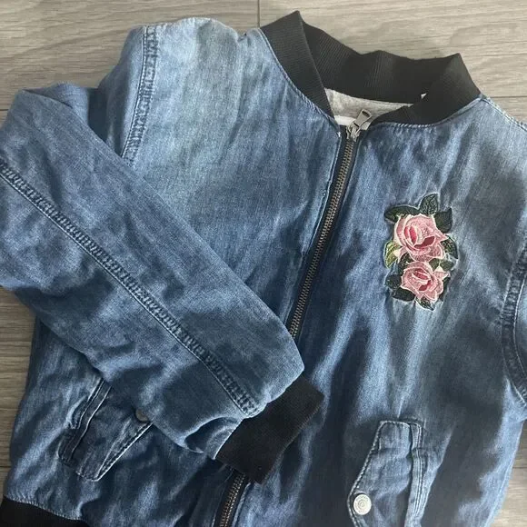 Hudson Girls‎ Denim Embroidered Roses Bomber Jacket Pockets Size Large