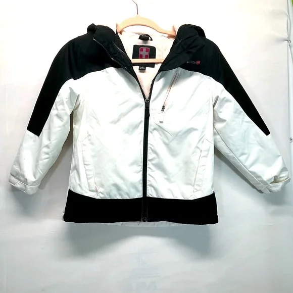SWISS TECH GIRLS COAT WITH HOOD SZ S 6-6X BLACK/WHITE PINK FLEECE‎ LINING