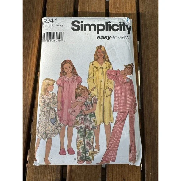 Simplicity Sewing Pattern 5941 Girls Lounge Sleep Wear 3 4 5 6 Pajamas Robe Gown