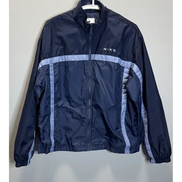 Vintage Nike Windbreaker Jacket Youth Size L (12-14) Navy Blue W/Blue‎ Striped