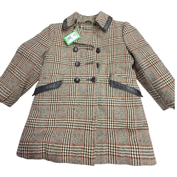 Solitaire‎ Kids Jacket 50's Plaid Double Breasted Wool Blend Leather Trim 5-6