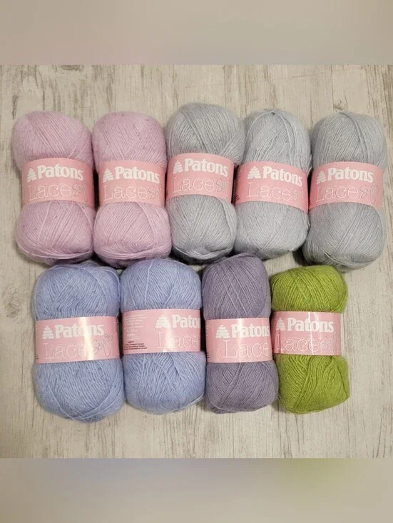 1.45 lb Lot 9 Skeins Patrons Lace Sequin Yarn Moonstone Pale Blue Topaz Amethyst