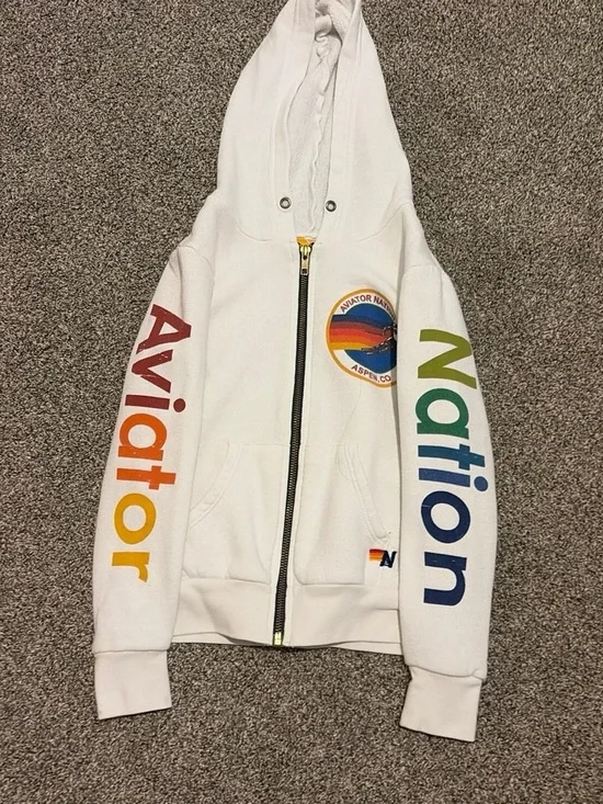 Aviator Nation Kids White Zip Hoodie with Rainbow Sleeve Logo