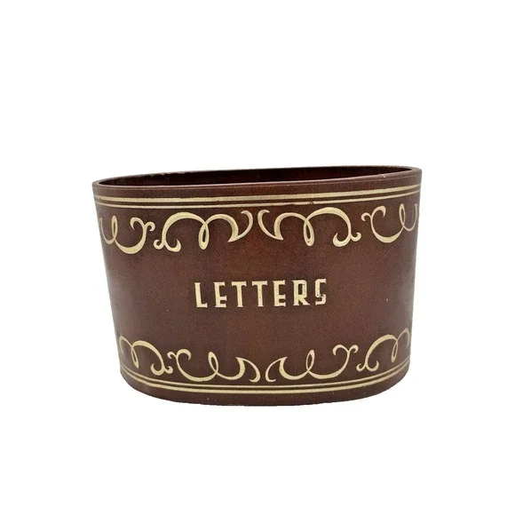 Vintage Mid Century Brown Leatherette Letters Holder Oval‎ Desk Office Accessory