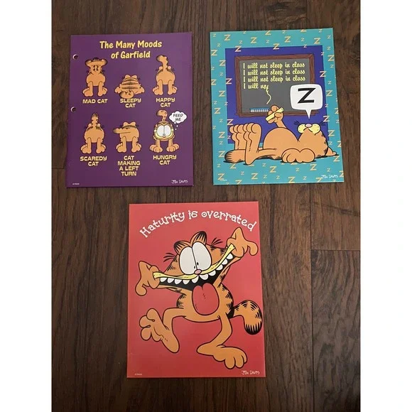 3 Vintage Garfield Pocket Folders‎ Lot 1978 Mead Portfolio Messy Bedroom Lunch