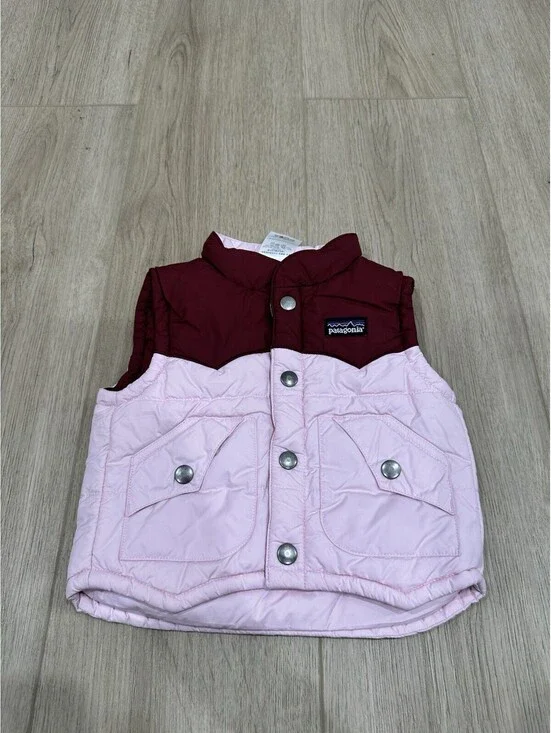 Patagonia Baby Puffer Down Vest Maroon And Pink 6M Kids Outerwear Snap