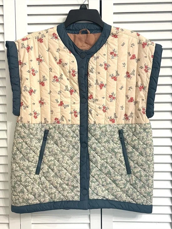Zara Cream Floral Quilted Vest with Blue Trim