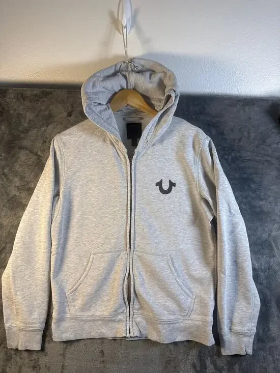 True Religion Mens Zip Up Hoodie Medium Heather Grey Embroidered Horseshoe Logo