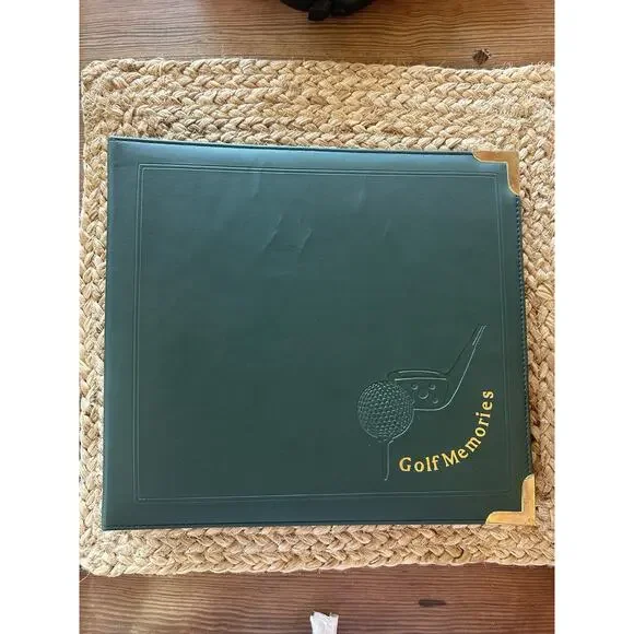 Vtg Golf Memories‎ Photo Album Golf Binder Green Faux Leather 30 Pages Brass