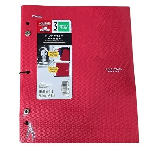 Mead Five Star‎ School 3-Folder Attach A Folder Snap Together Red Binder New