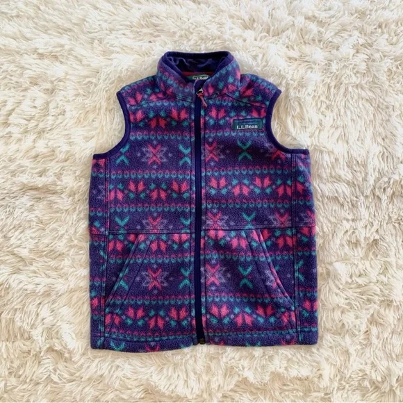 L.L. Bean Girls' Purple Patterned Fleece Vest Size M- 5/6