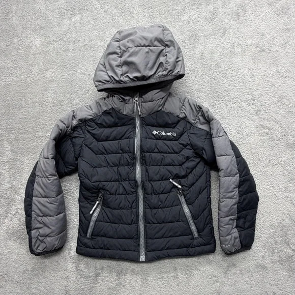 Columbia Jacket Youth 6 Black Gray Hooded Puffer Omni-Heat Insulated Full Zip‎