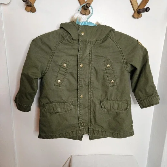 Zara Baby Boy‎  Army Green Faux Fur Hooded Winter Jacket Coat Size 18 24 Months