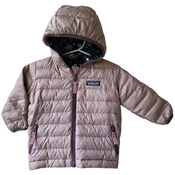 Patagonia Toddler Girls Reversible Down Sweater Jacket w Hood Pink Size 2T EUC