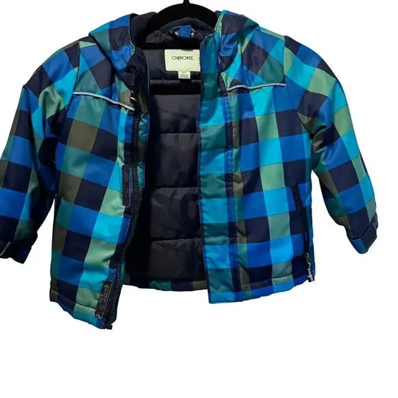 Cherokee Toddler Boy Blue Green Plaid Puffer Jacket Hooded Coat Thinsulate 2T