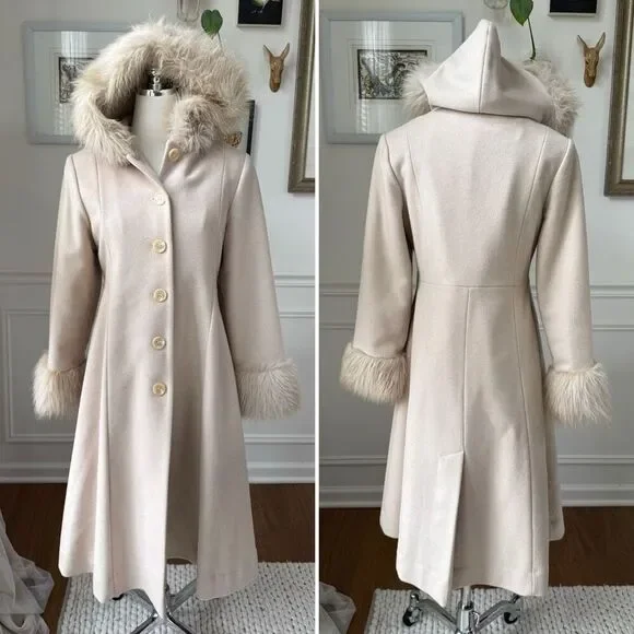 Rothschild Vanilla Penny Lane Style Wool A-line Coat Faux Fur Trim Youth 16 Wmns