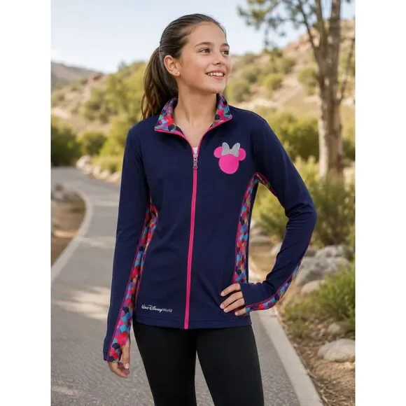 Disney Parks Youth L Minnie Mouse Zip Up Active Jacket Navy Pink Thumb Holes #14