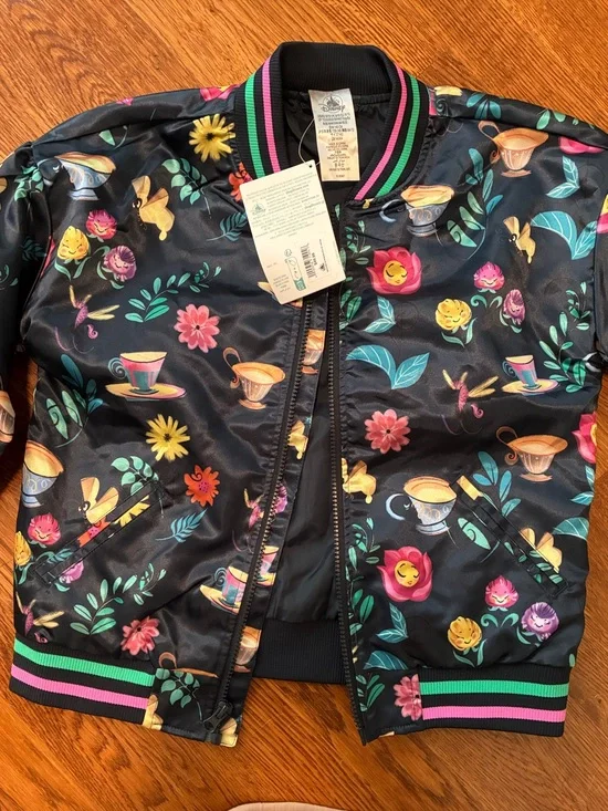 Disney Black Floral Teacup Bomber Jacket with Pink & Green Trim