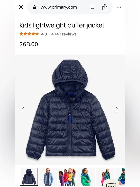 PRIMARY Kids lightweight puffer jacket kids size 5
