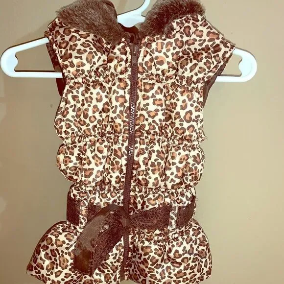 Cheetah print baby girl puffer vest with h…
